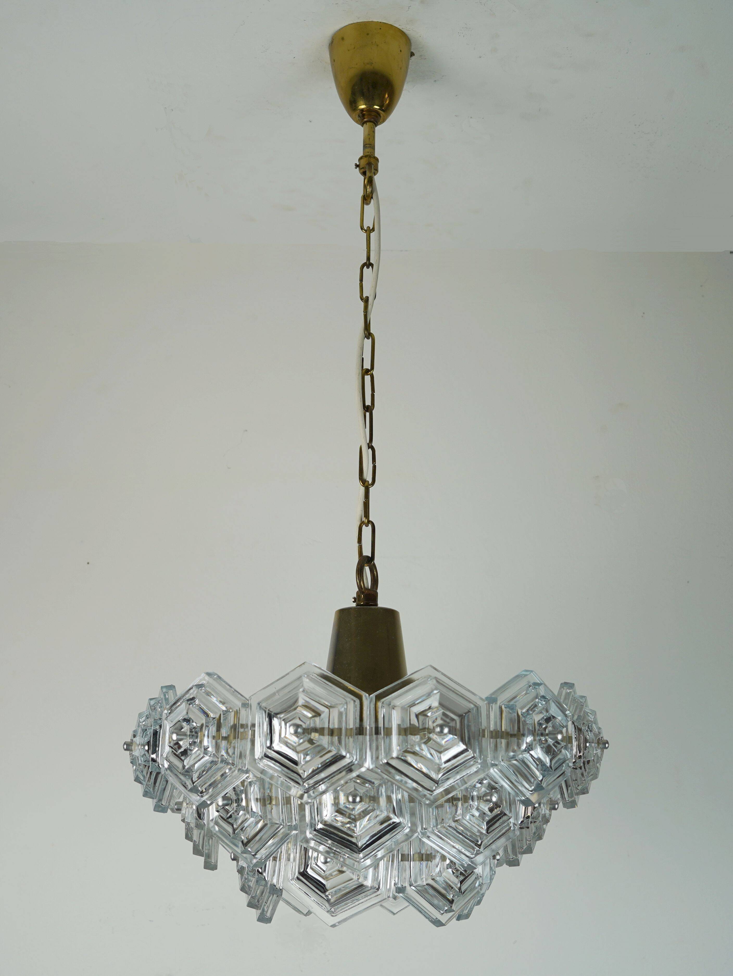 3-tier mid century pendant light with 27 hexagonal glass panels 1960s 70s