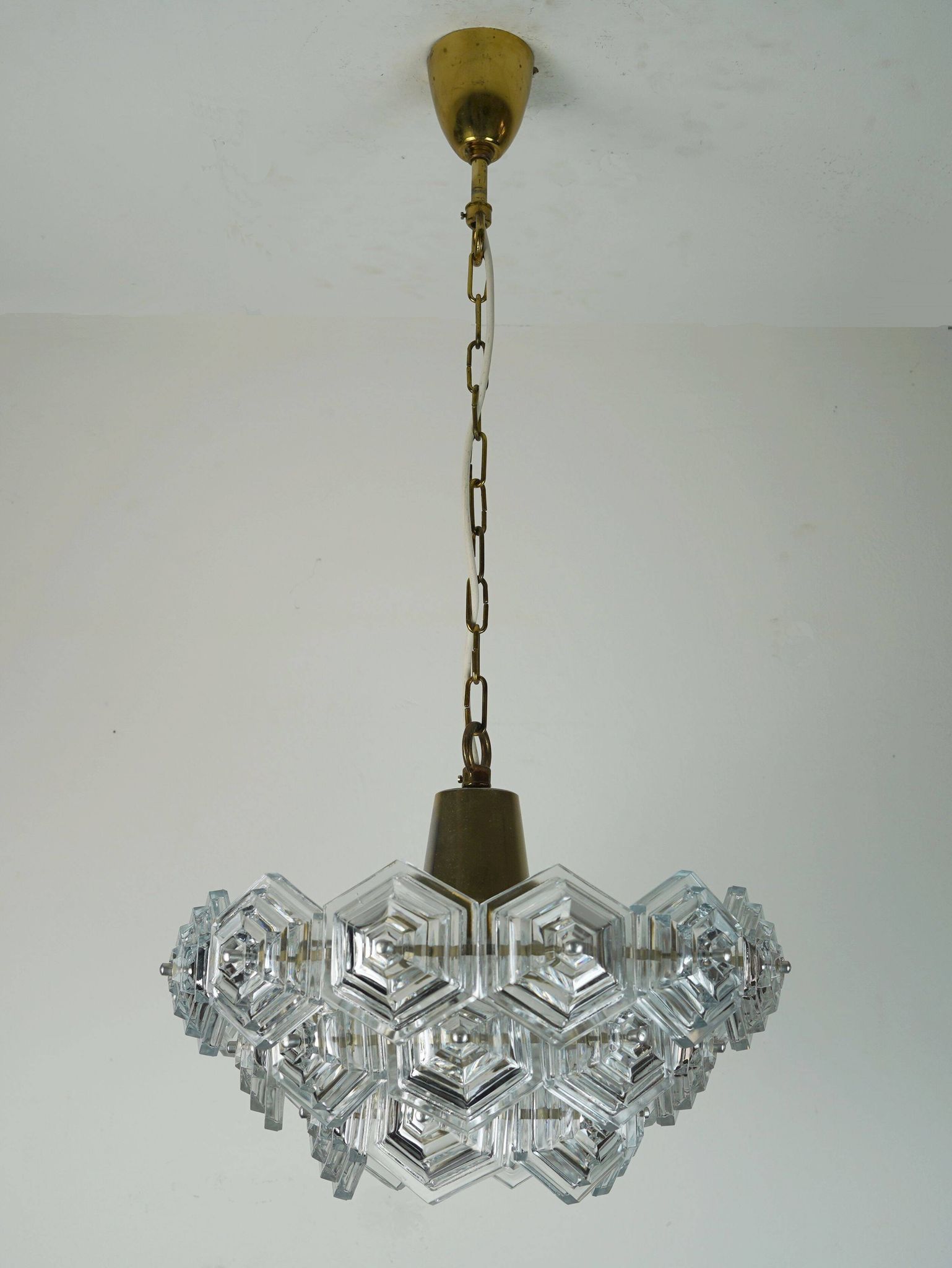 3-tier mid century pendant light with 27 hexagonal glass panels 1960s 70s