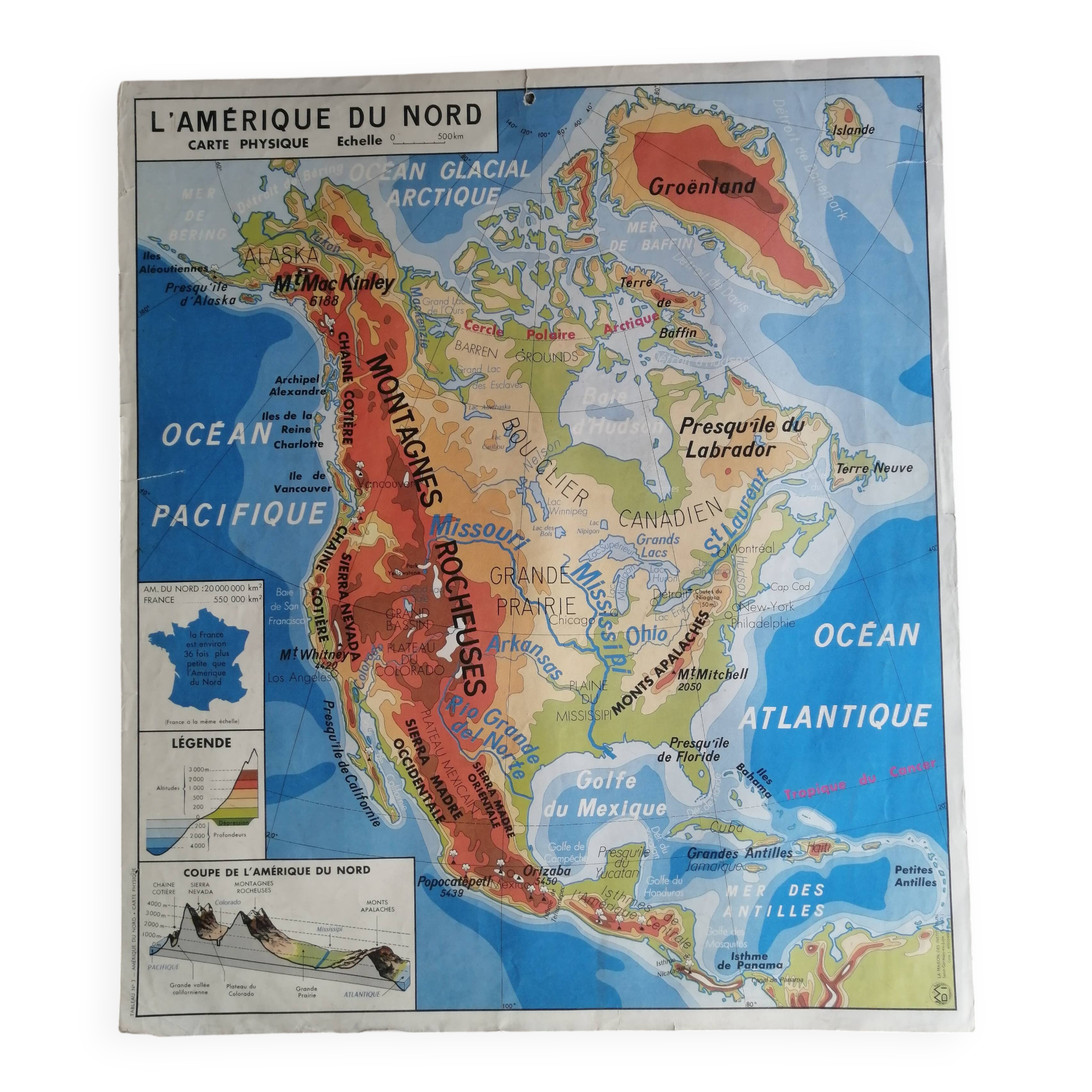 Vintage North America / Asia school physical map.