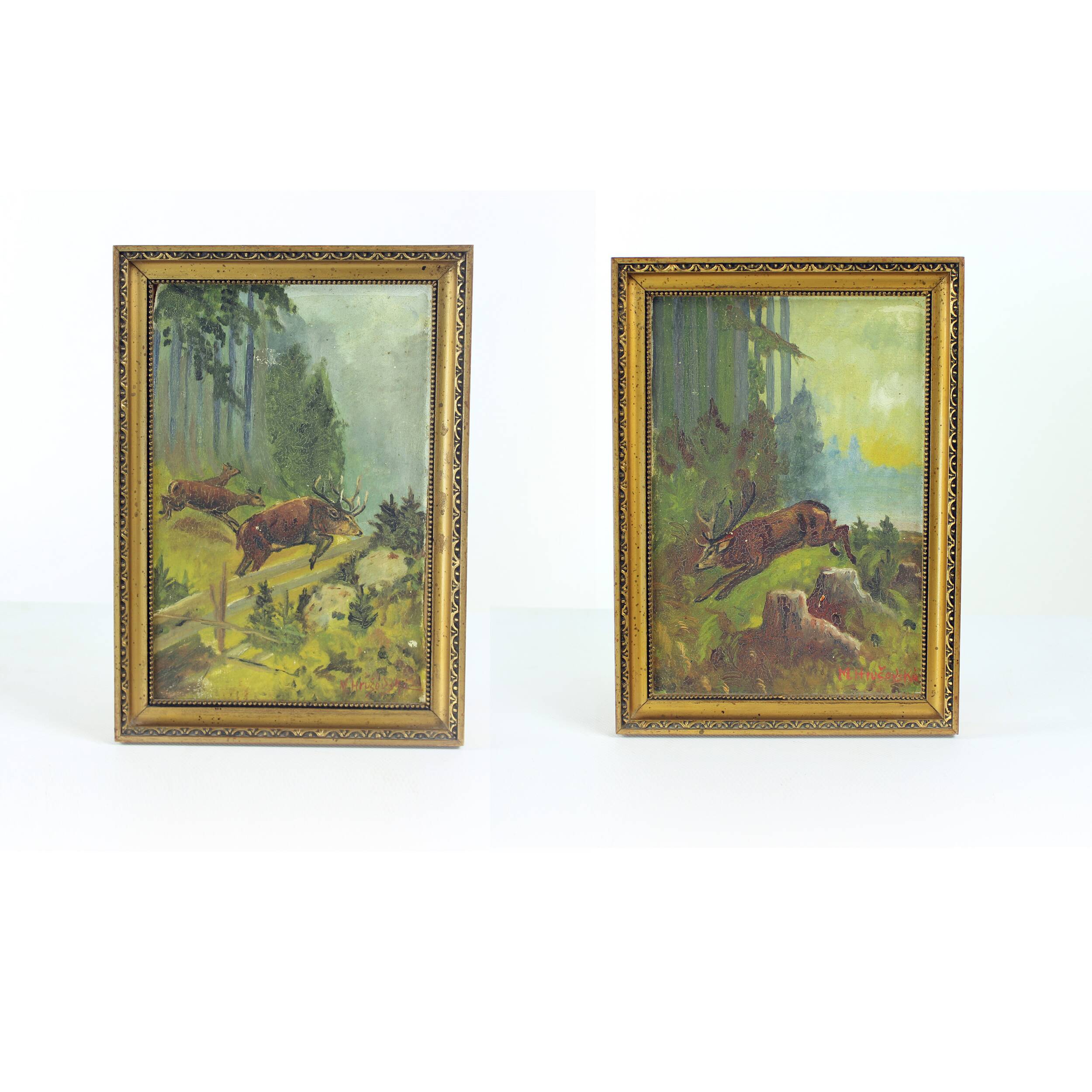 Ensemble de deux tableaux, peinture sur papier, par M. Hrušovská, Tchécoslovaquie, années 1950