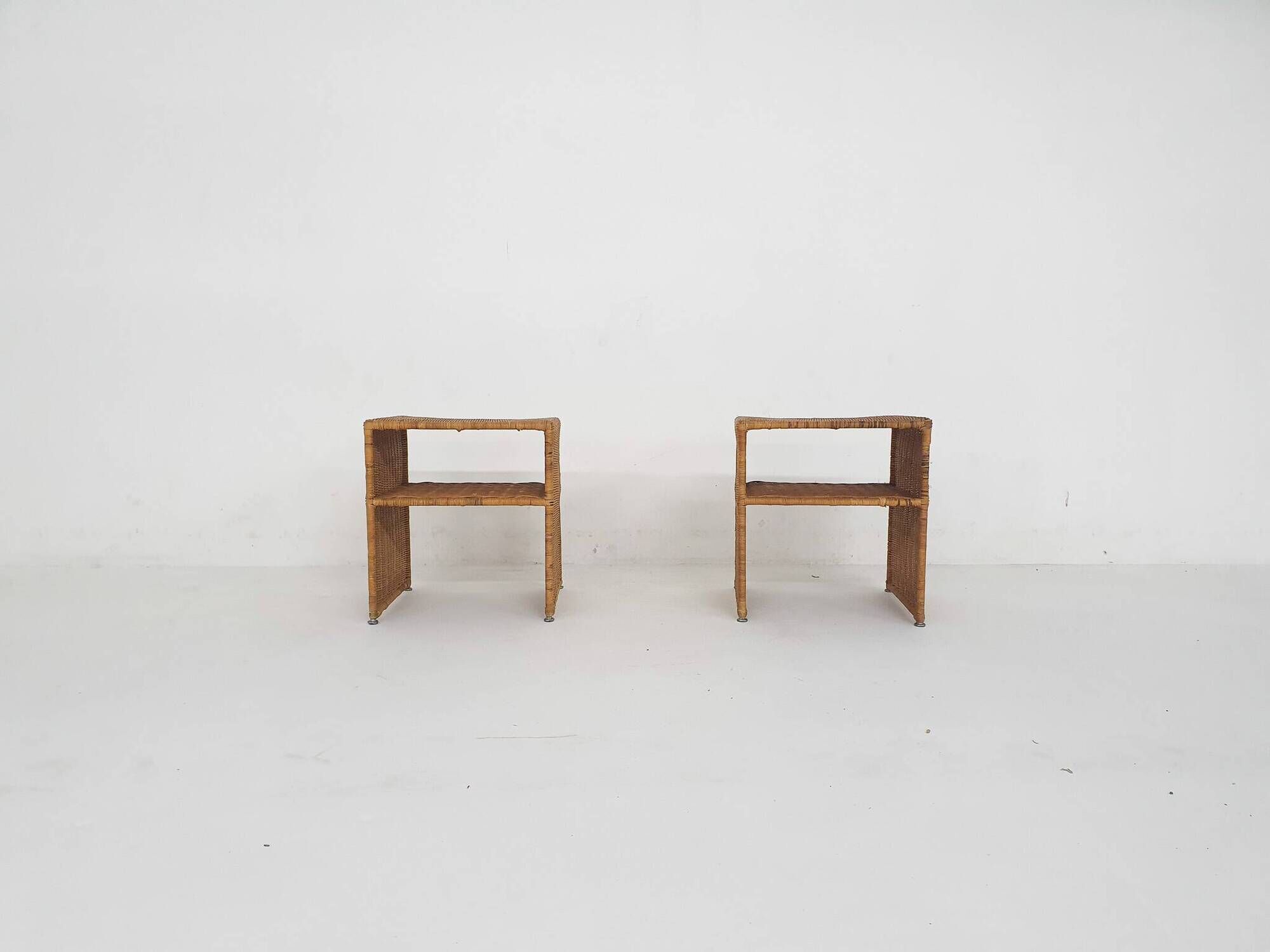 Set of two wicker bed side tables, France 1960's
