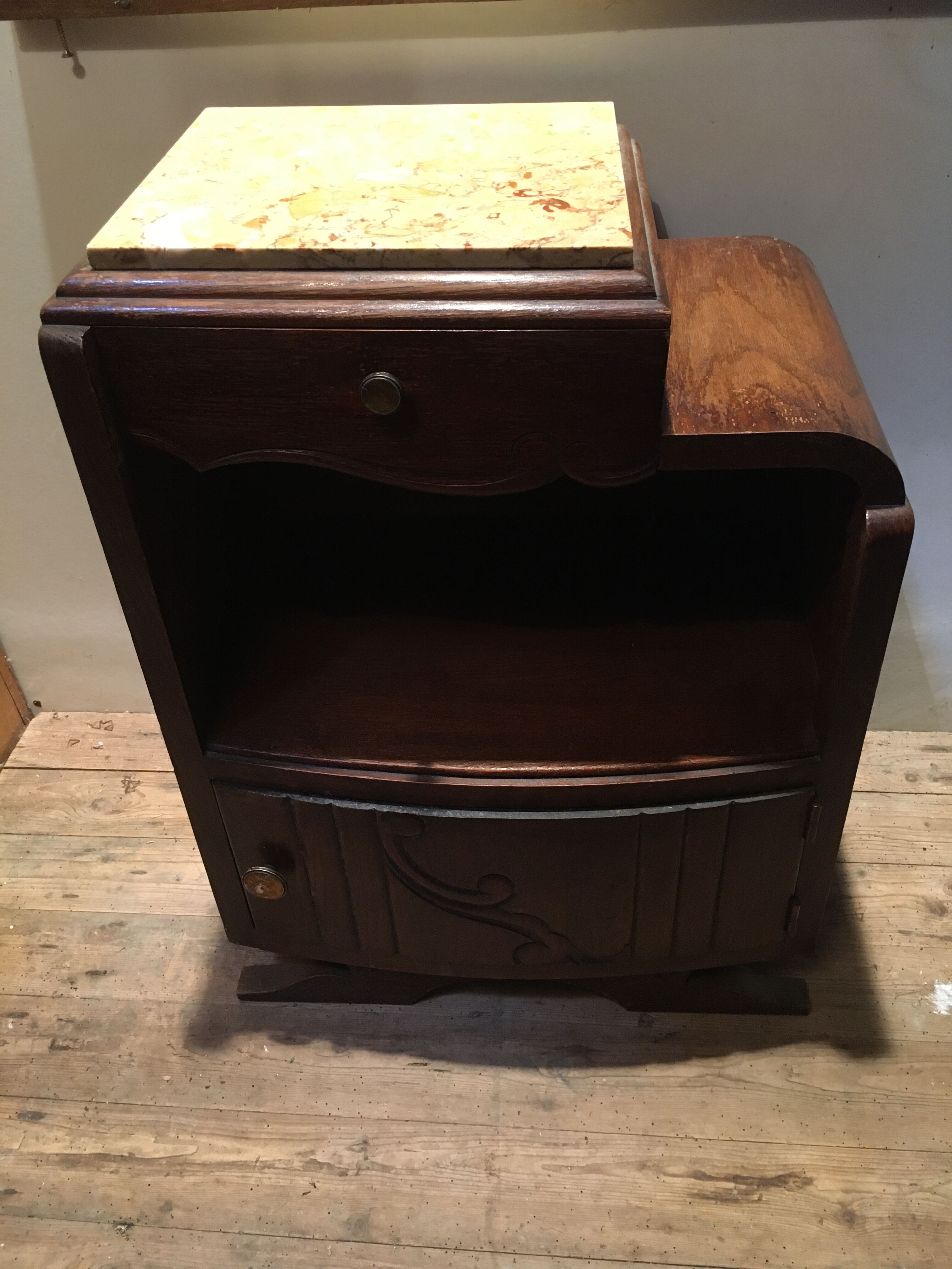 Solid oak bedside table with beige marble.