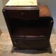 Solid oak bedside table with beige marble.
