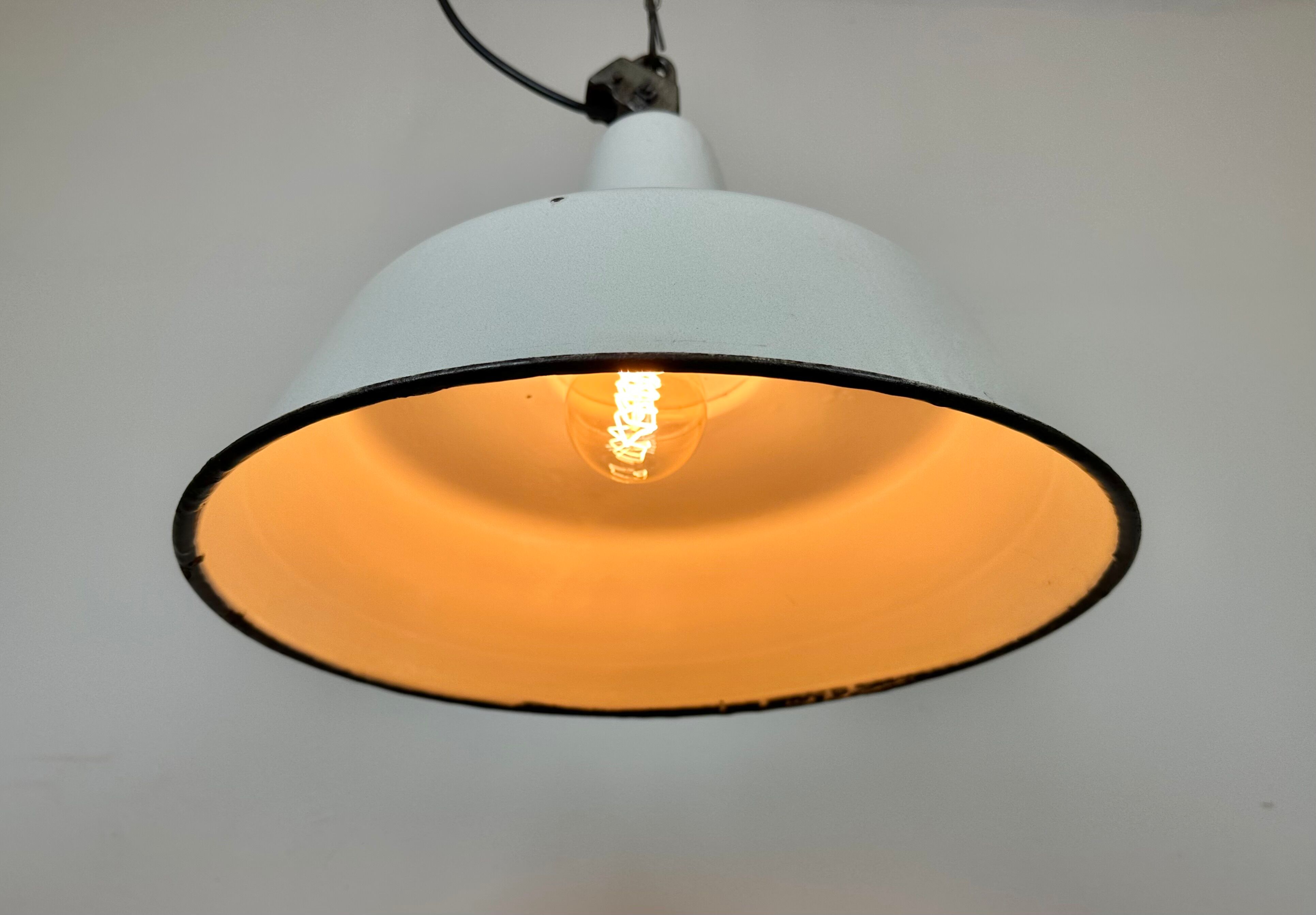 Industrial white enamel factory pendant lamp from zaos, 1960s
