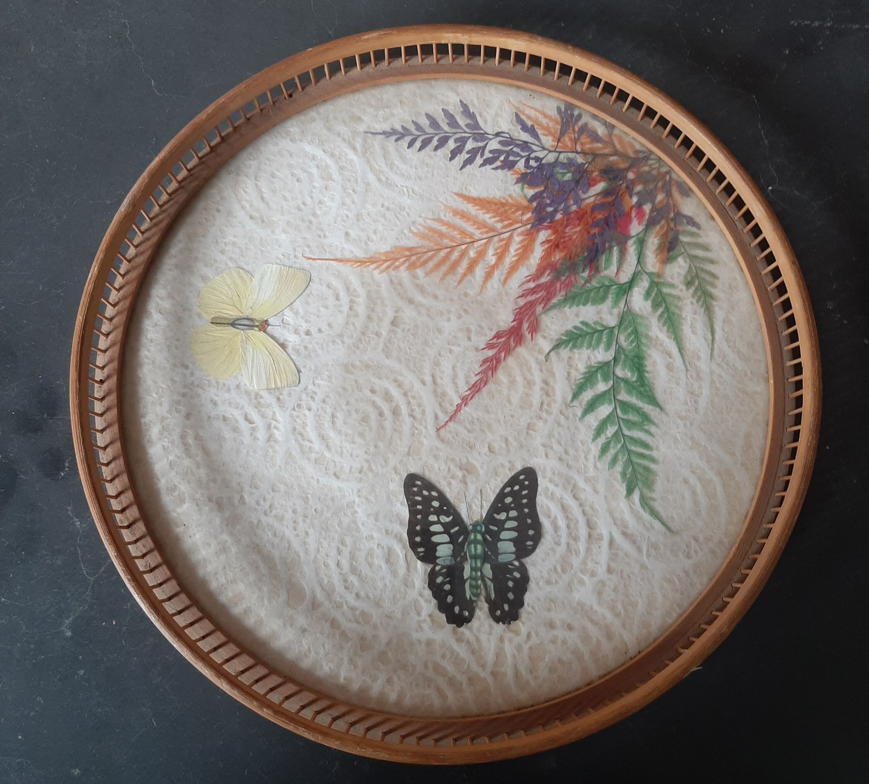 Vintage bamboo tray with butterflies