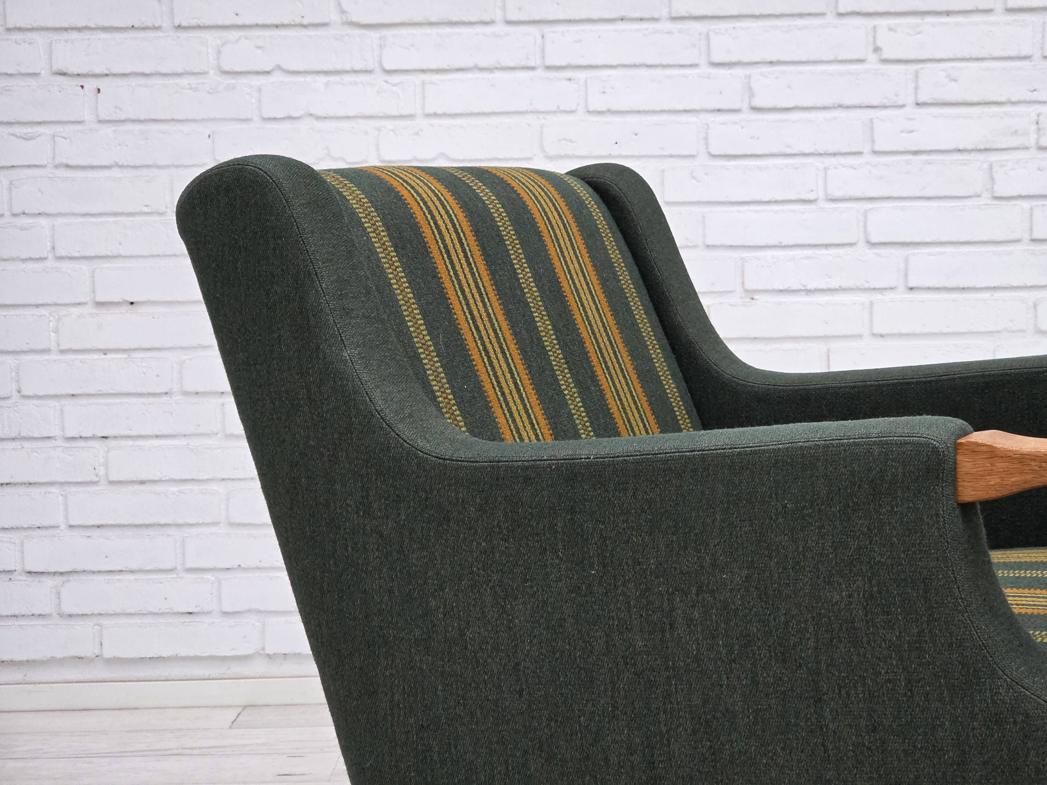 1970s, Danish armchair, green furniture wool, solid oak wood.