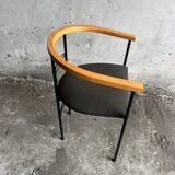 Set of 6 Postmodern Dining Chairs — Black Metal Frame, Natural Wood Armrest and Dark Grey Fabric Seats