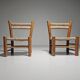 Pair of rustic French low chairs made of elm wood and straw, 1960s.