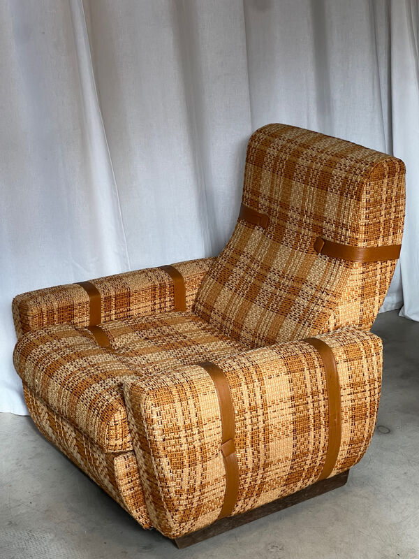 Fauteuil vintage années 70 tweed beige orange marron
