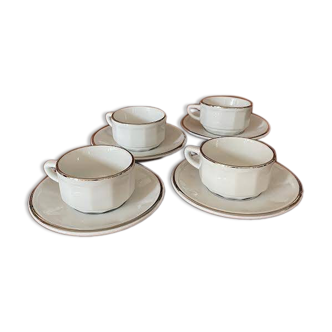 Four porcelain "bistro" cups and saucers