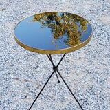 Side table from the 60s Whisky table top in black glass and gilded metal tripod base in