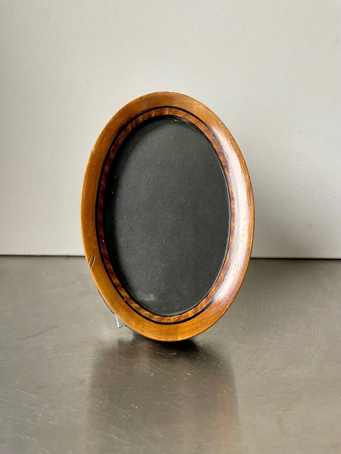 Antique Oval wooden frame with intarsia inlay 15.5 cm x 10 cm