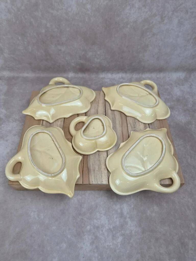 Vintage aperitif service 5 leaf bowls – Poët Laval art ceramics – gilding
