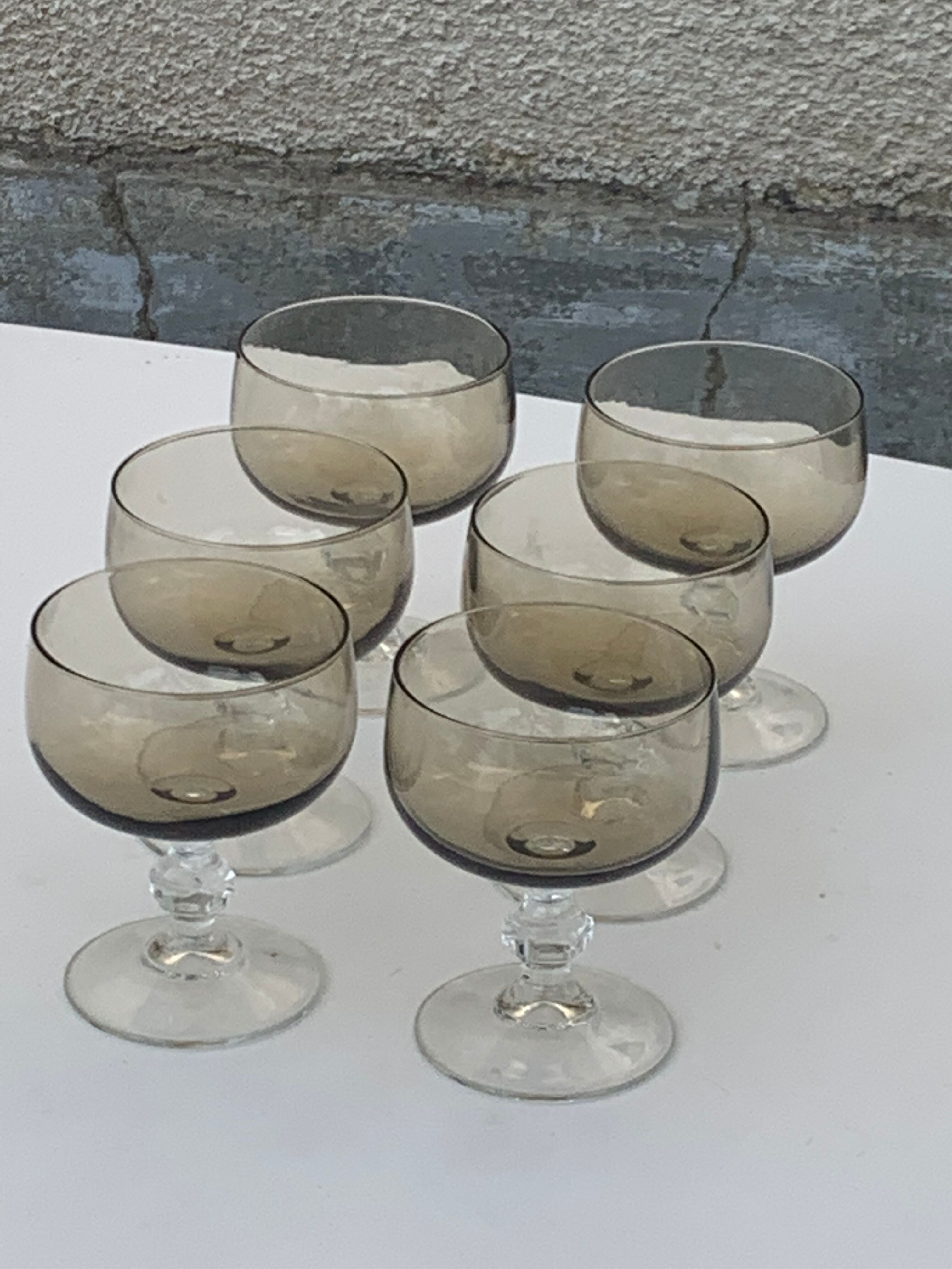6 champagne glasses in brown and transparent glass vintage 1970