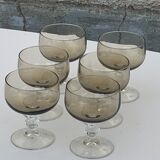 6 champagne glasses in brown and transparent glass vintage 1970
