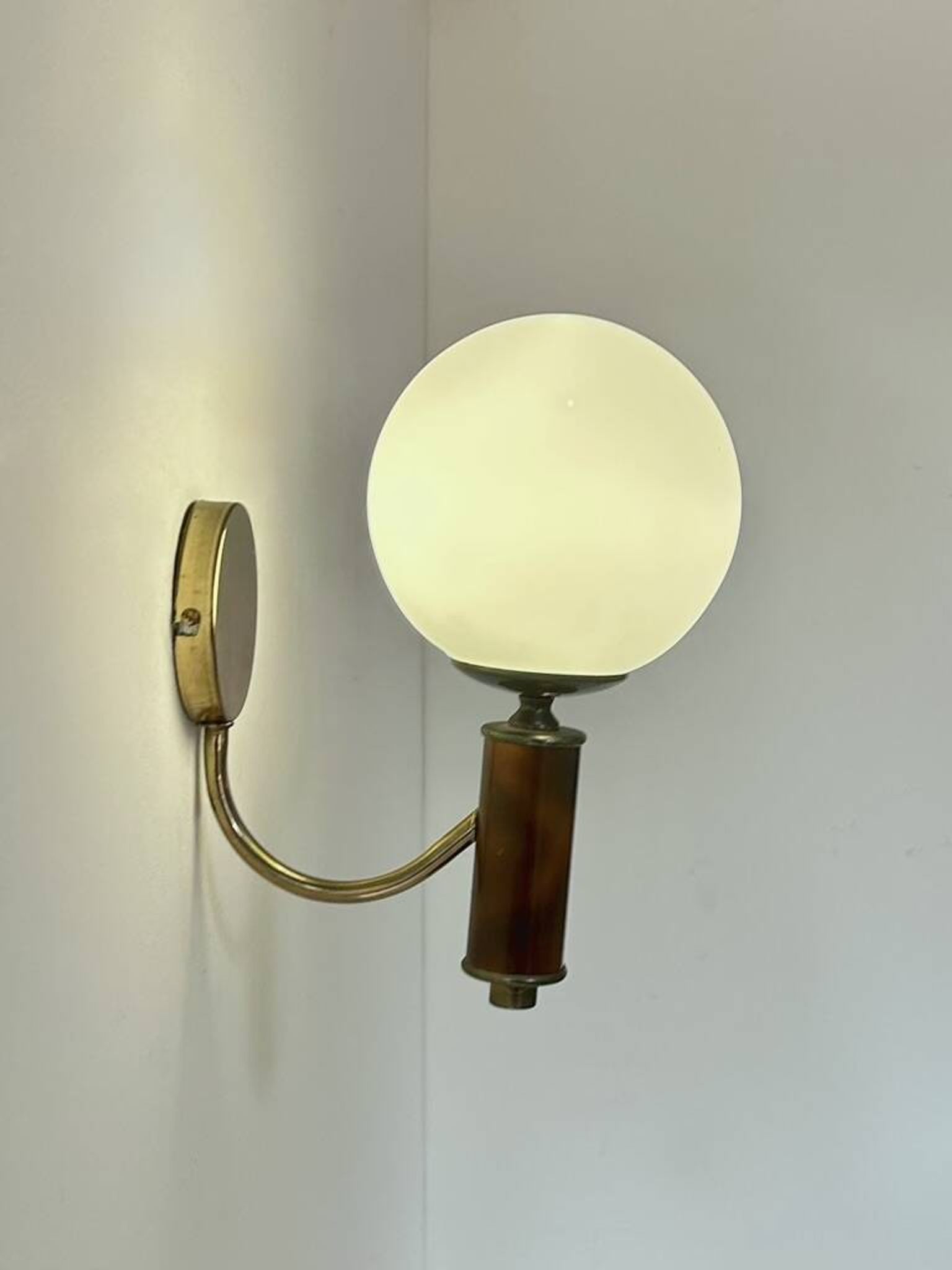 Vintage wooden, brass, and opaline wall light, France, 1970.