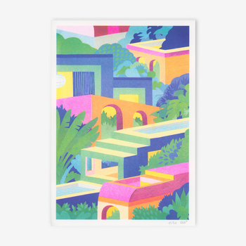 Illustration A4, houses, in risography