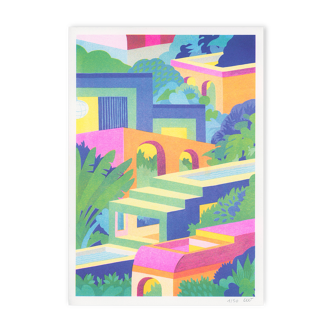Illustration A4, houses, in risography