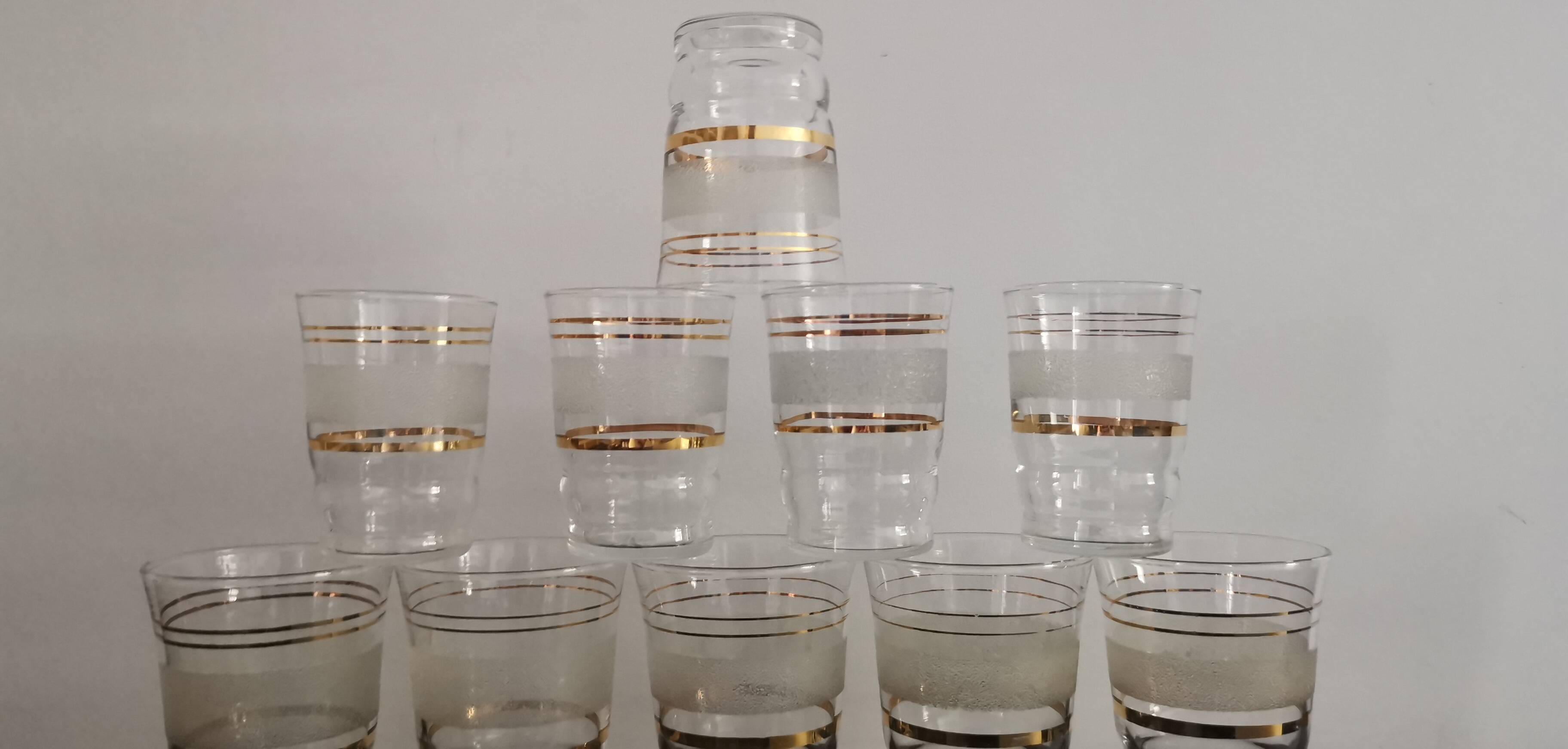 Set of 5 water glasses and 5 aperitif glasses with granite decorations and gold edging from the 1950s
