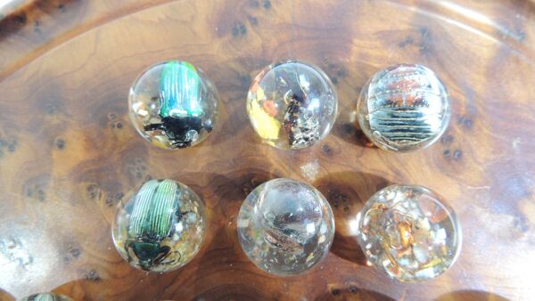 Jeu de solitaire vintage en bois avec billes en résine et insectes – Madaga