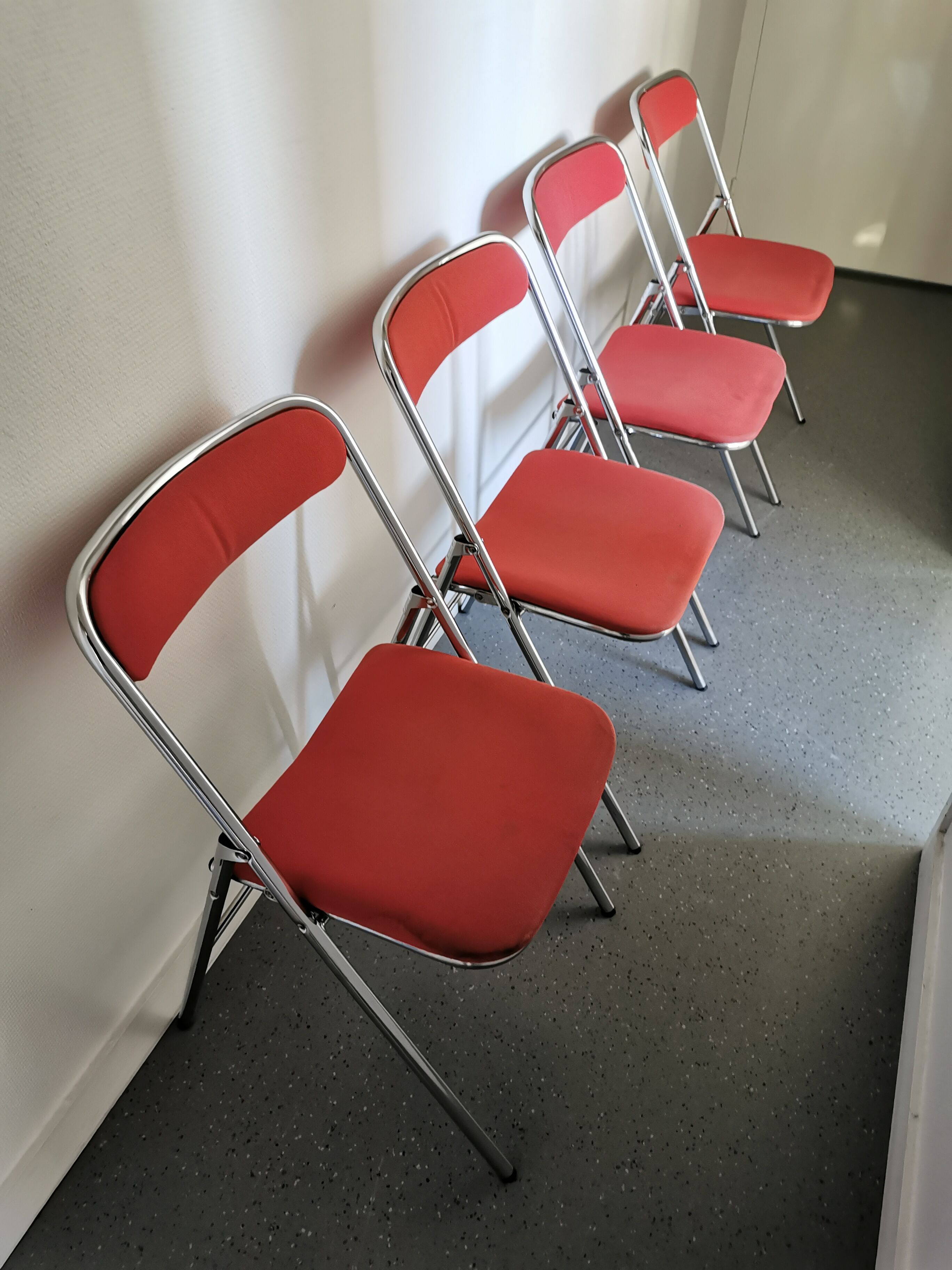4 red and chrome folding chairs, Plichaise by Souvignet, France, 1970
