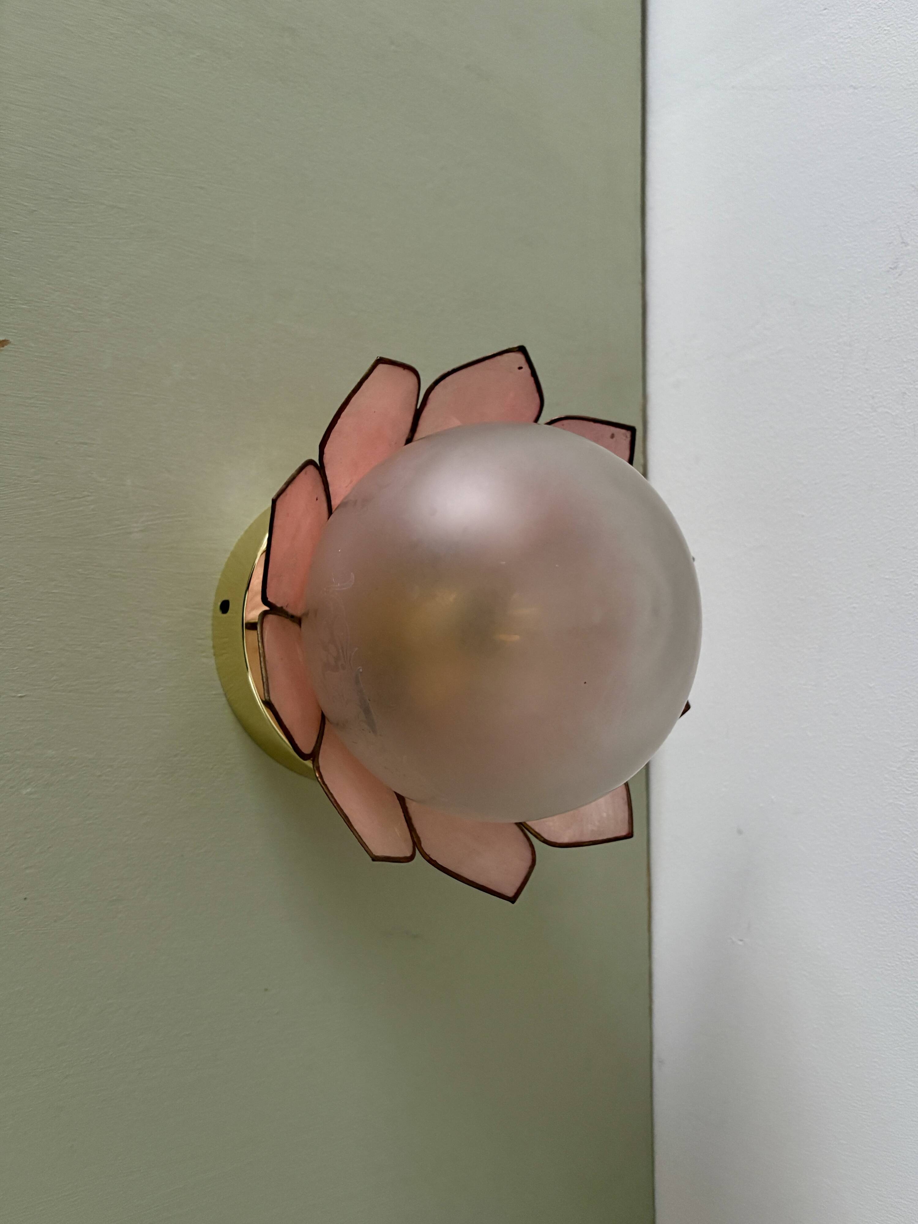 Vintage pink mother-of-pearl wall lamp with frosted glass globe