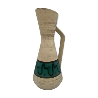 Ceramic pitcher germany 1960 with handle decor stylise emaille rouge bleu