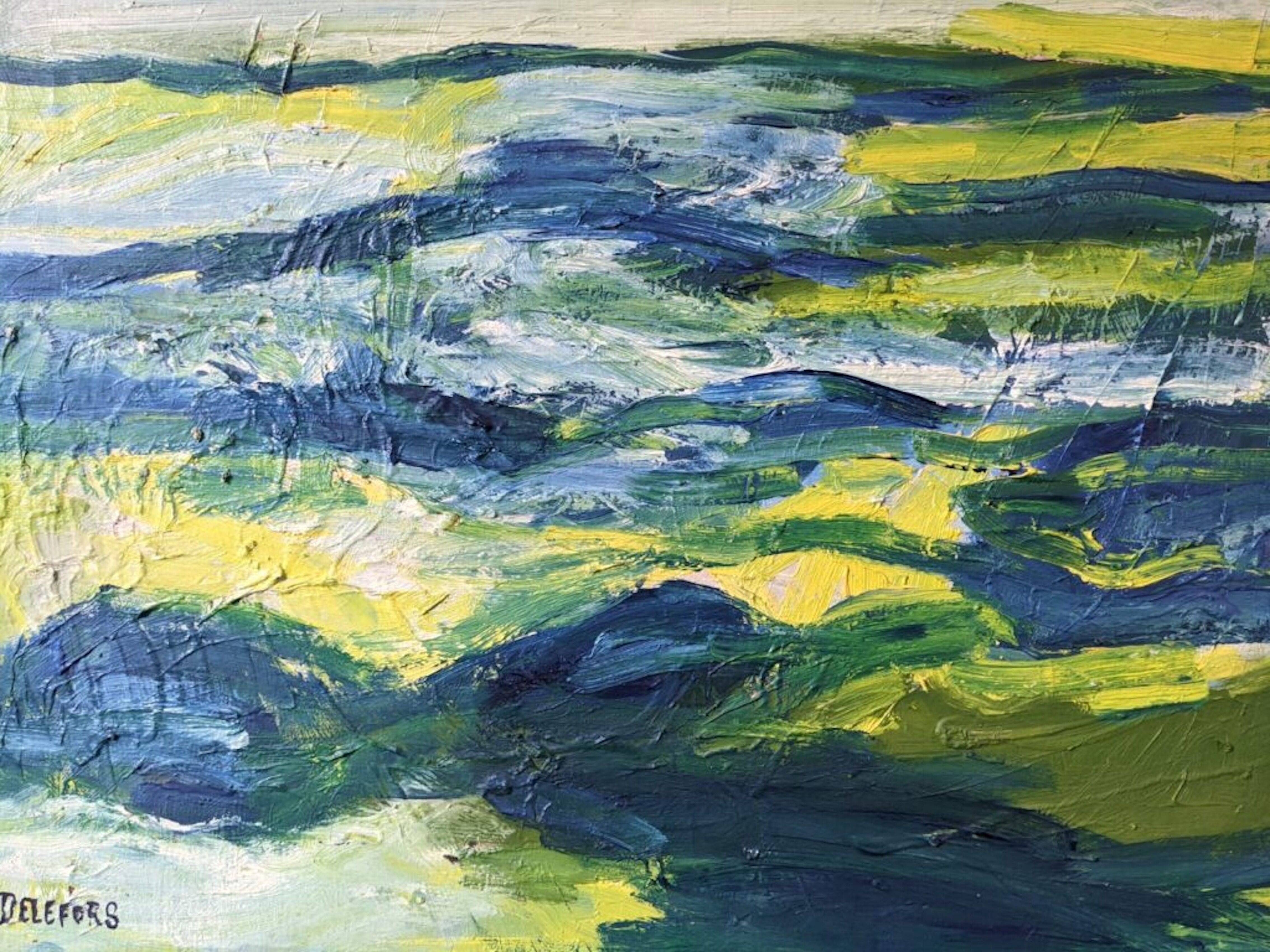 Mid-Century Modern Swedish "Waves" Vintage Abstract Oil Painting, Framed
