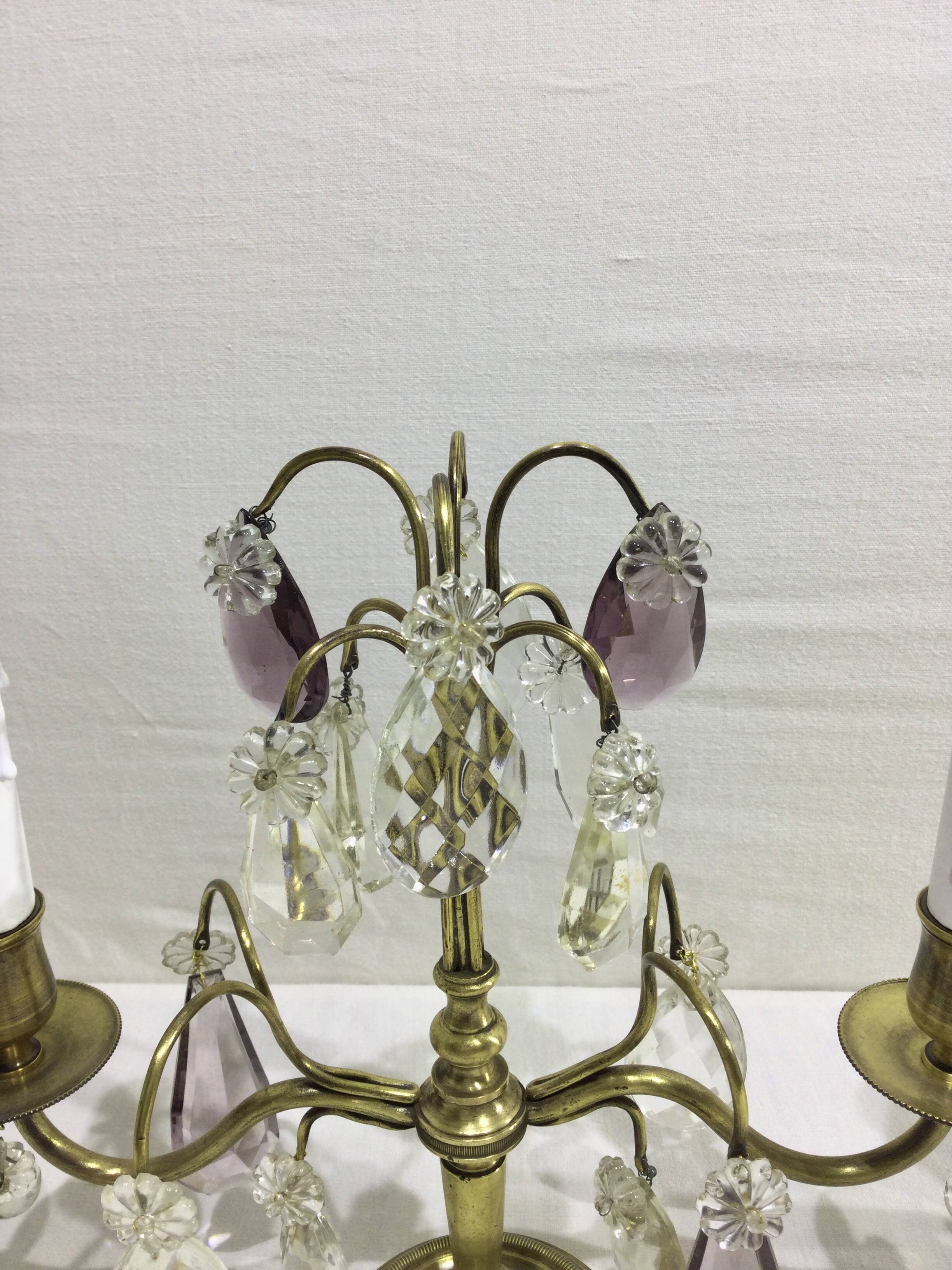 Pair of girandole lamps in bronze and crystal