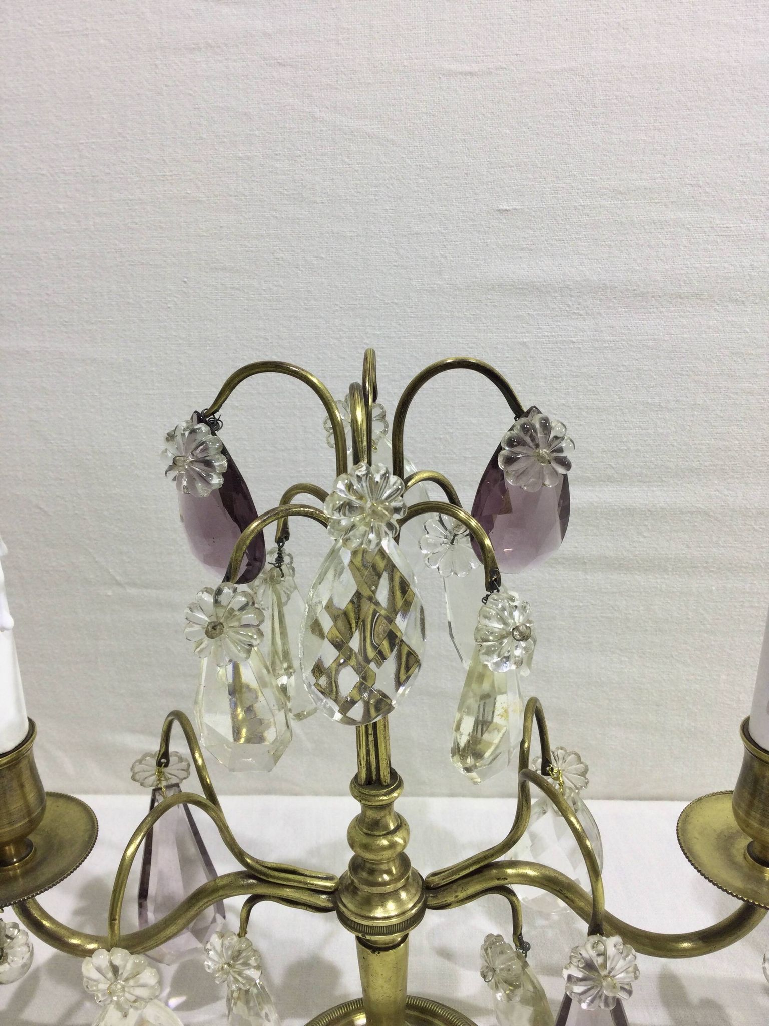 Pair of girandole lamps in bronze and crystal