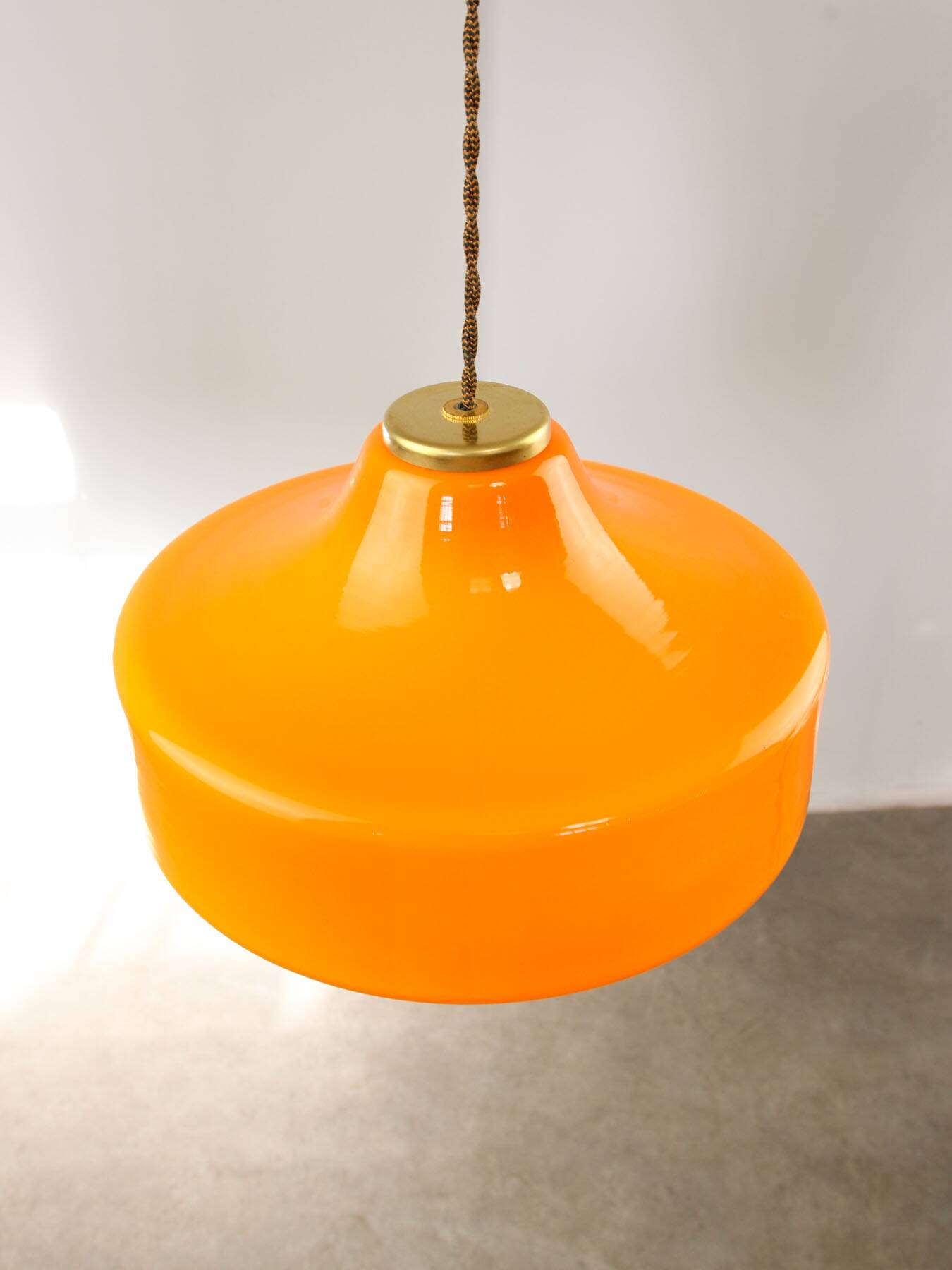 Mid-Century Italian Orange Glass & Brass Pendant Lamp