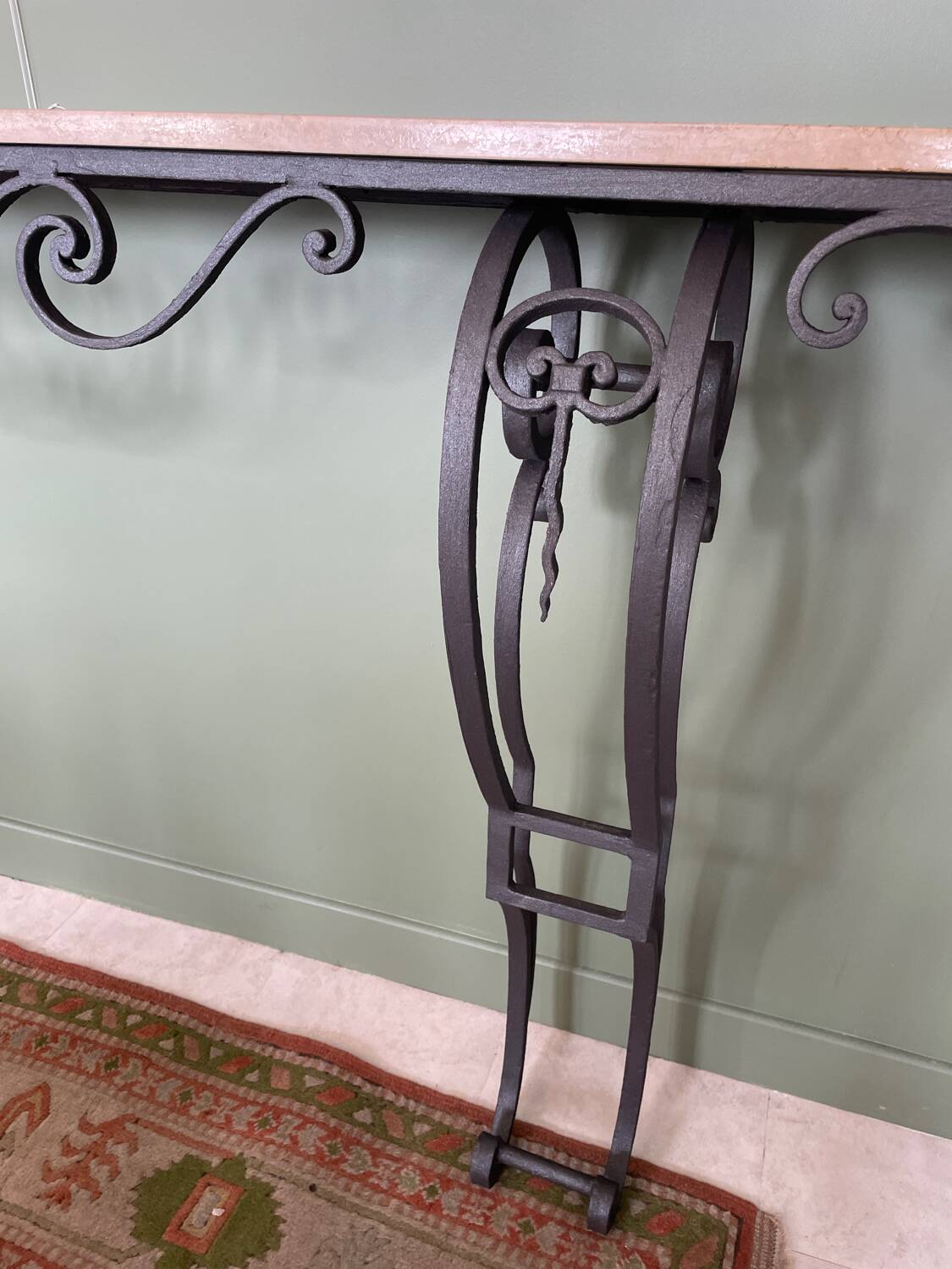 Black wrought iron & beige marble console table
