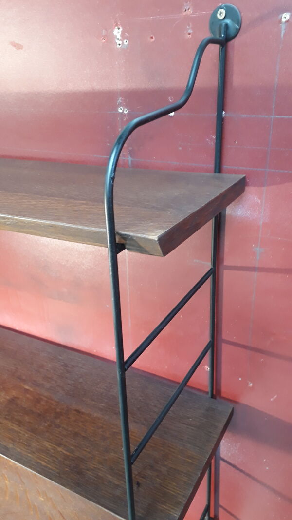 Etagere scandinave 1940 a 50 tomado acier et 3 plateaux 65x19. Plaquage bois bisauté 60x86 super et