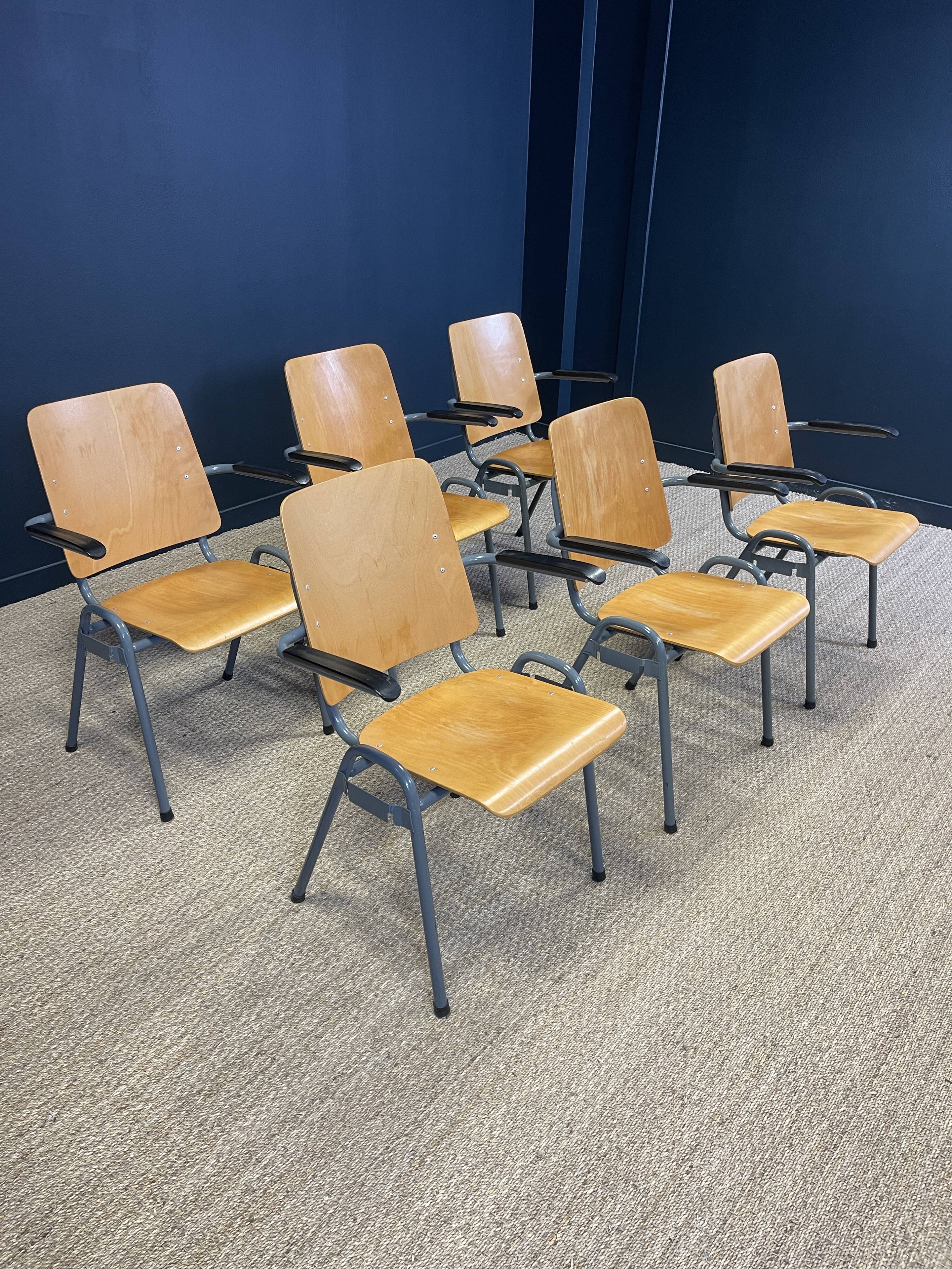 Set of 6 school armchairs with high wooden backs and anthracite grey legs, Netherlands