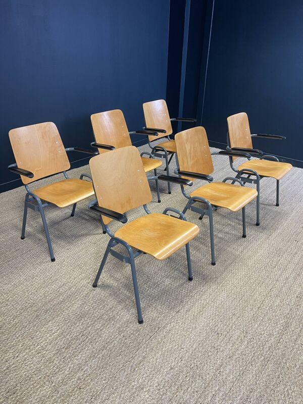 Lot de 6 fauteuils école dossier haut bois pieds gris anthracite Pays-Bas