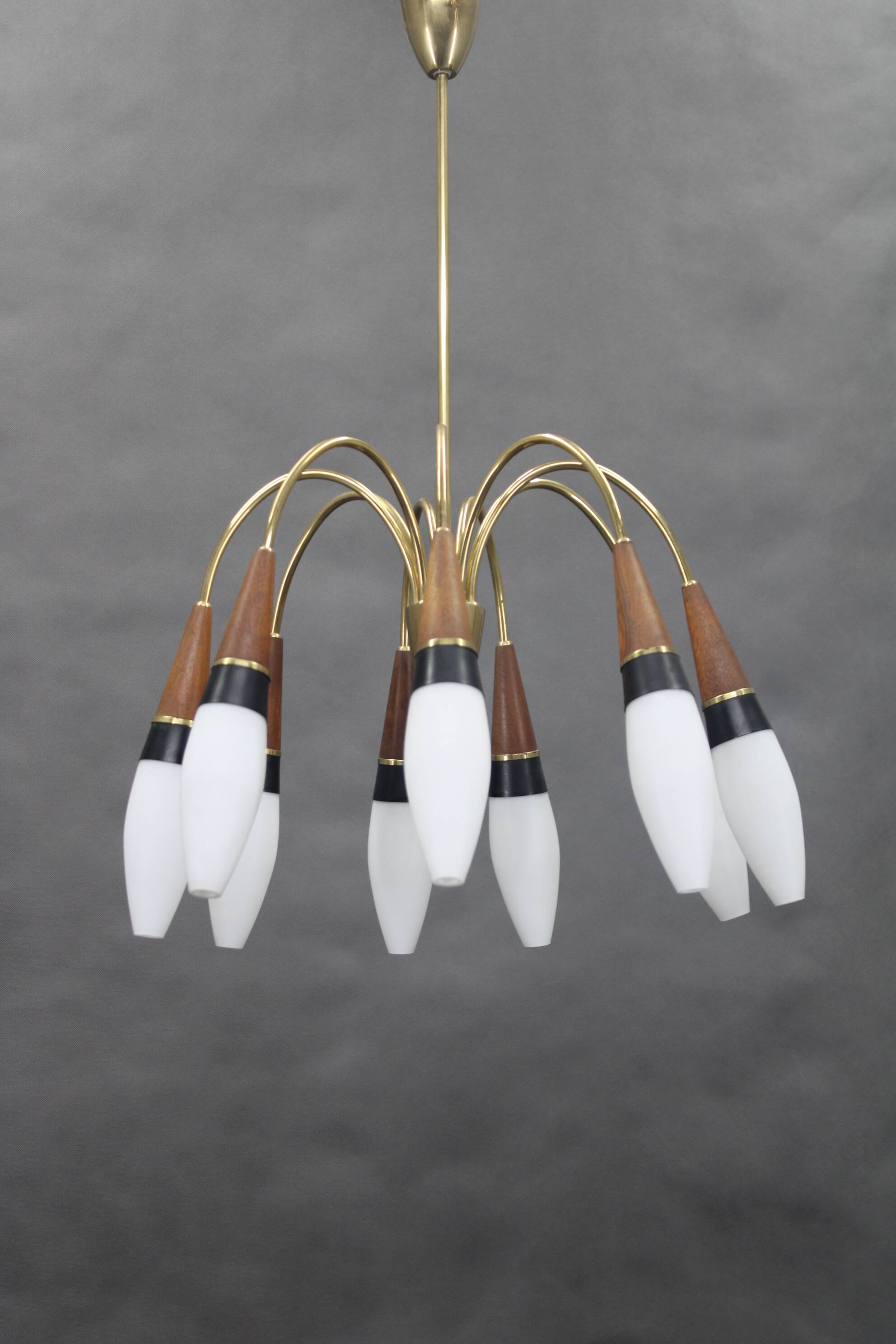 1960s Rupert Nikoll Brass and Teak Opaline Glass Chandelier ,Austria