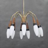 1960s Rupert Nikoll Brass and Teak Opaline Glass Chandelier ,Austria