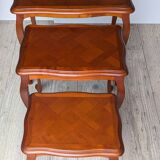 Set of 3 nesting tables - Louis XV style - cherry wood - parquet pattern marquetry decor (parquetry)