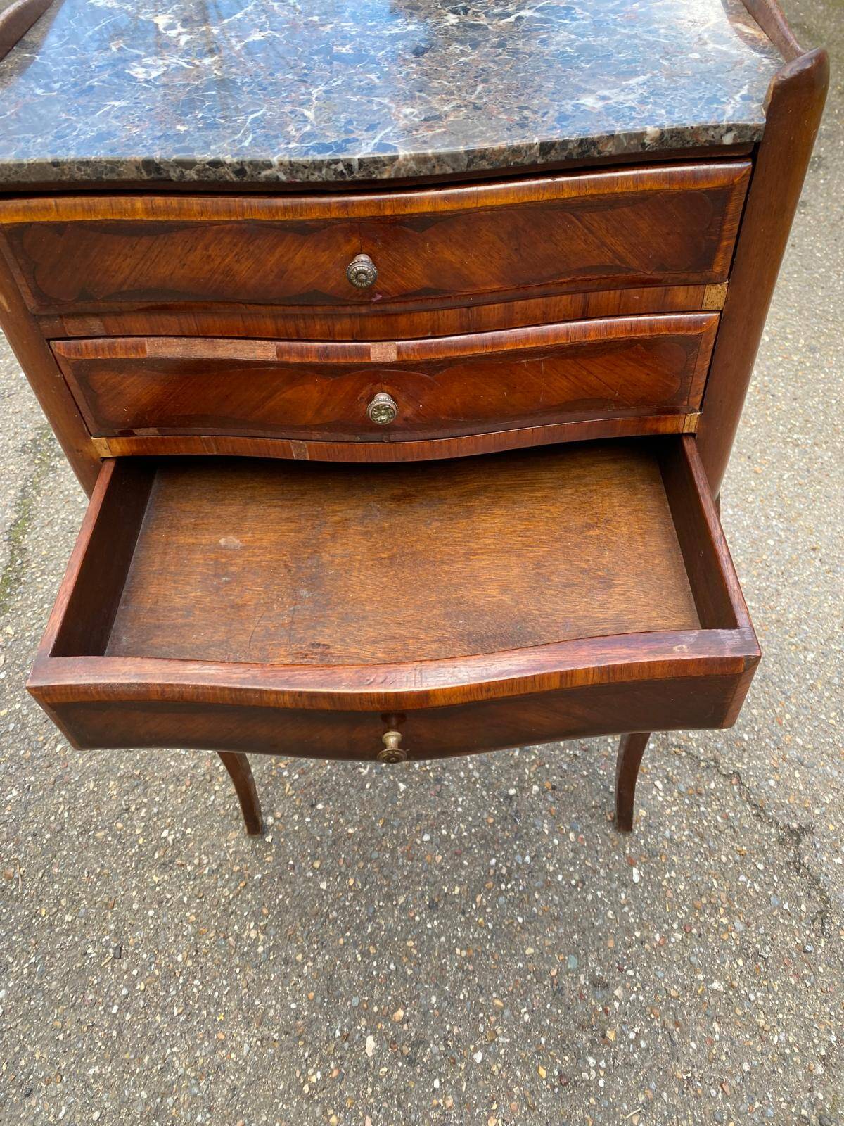 Pair of Louis XV bedside tables, early 20th century, marquetry and marble