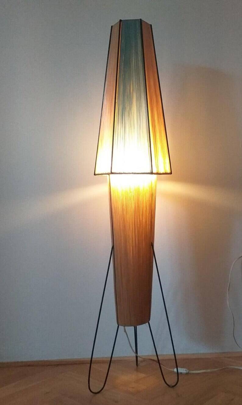 Rare Midcentury Rocket Floor Lamp, Metal and Straw, German Design