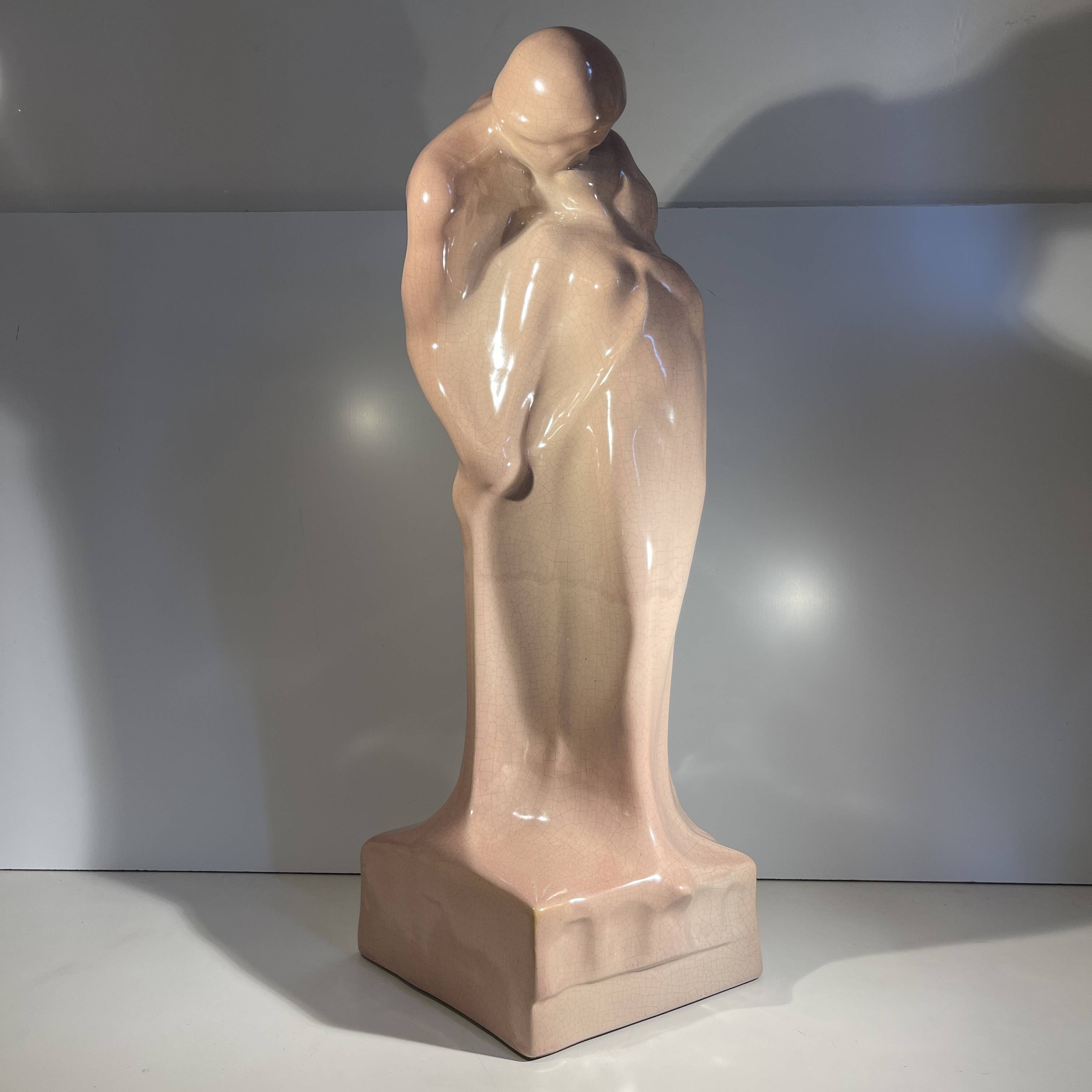 'The Kiss' sculpture by CRIS AGTERBERG, crackled ceramic, Art Deco, ca 1940