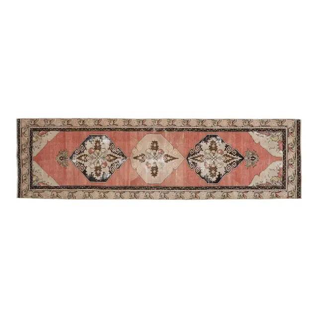 Orange Handmade Wool Turkish Vintage Oushak Runner Rug 94x324