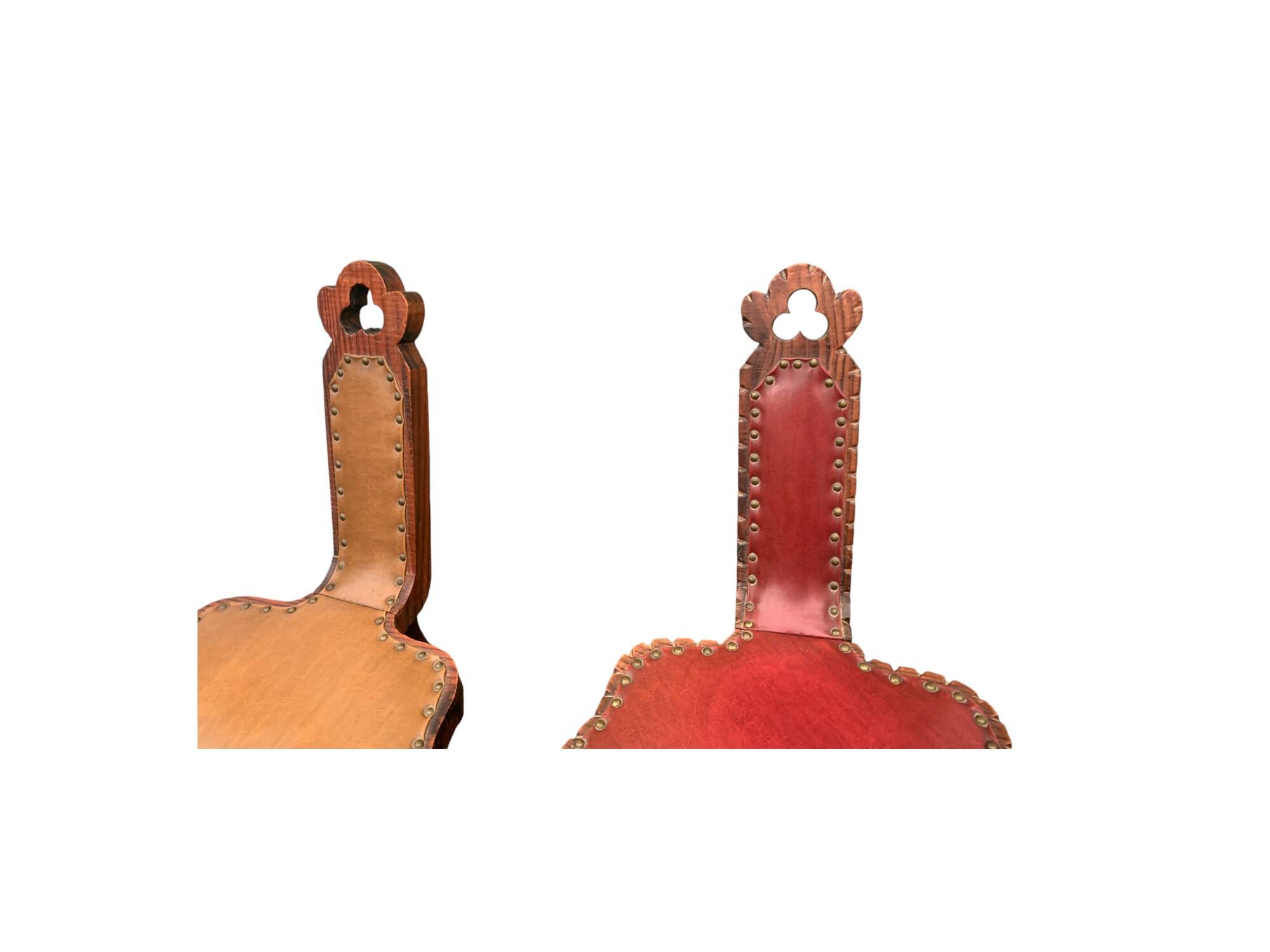 Pair of vintage French three-legged chairs with Breton style backrest, wooden seat 1960s