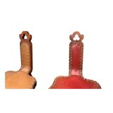 Pair of vintage French three-legged chairs with Breton style backrest, wooden seat 1960s