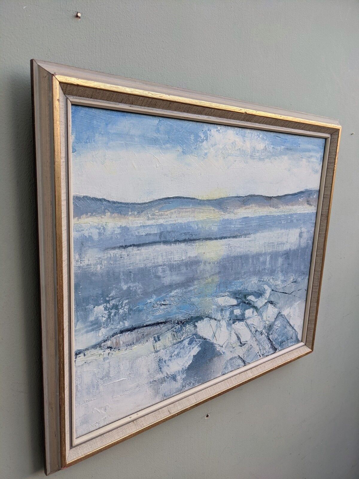 Vintage mid century framed oil painting, abstract coastal landscape - icy winter