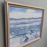 Vintage mid century framed oil painting, abstract coastal landscape - icy winter