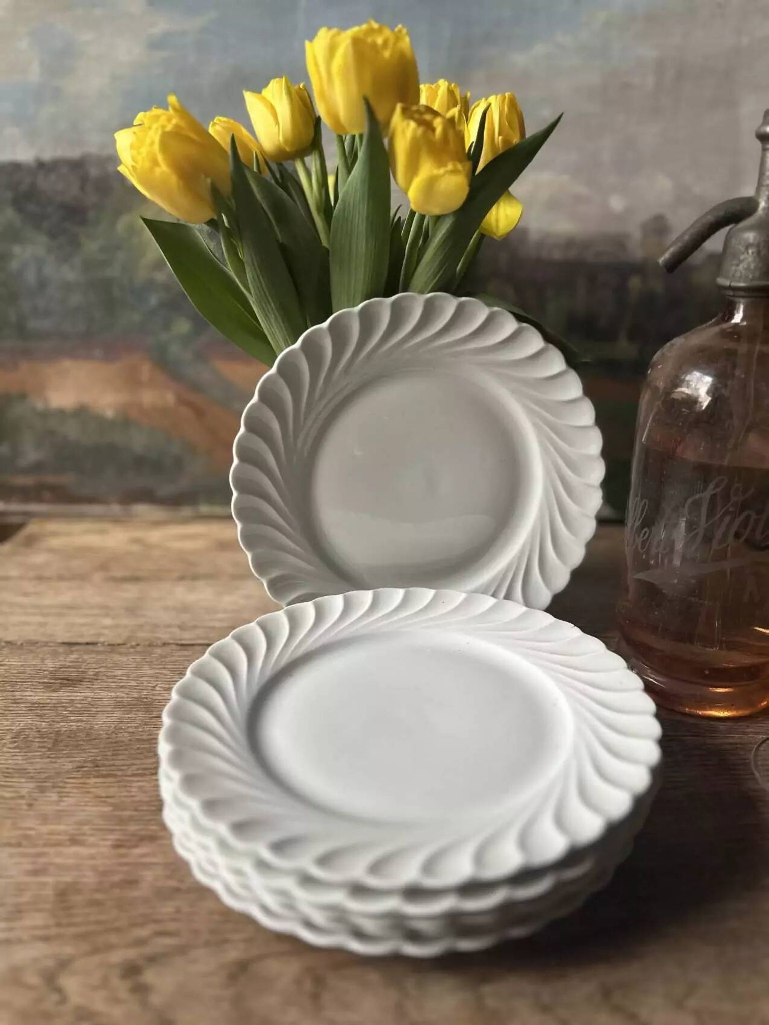 Set of 6 antique twisted white porcelain plates, a beautiful timeless classic.