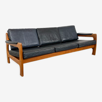Vintage danish design black leather 3 seater sofa teak wood
