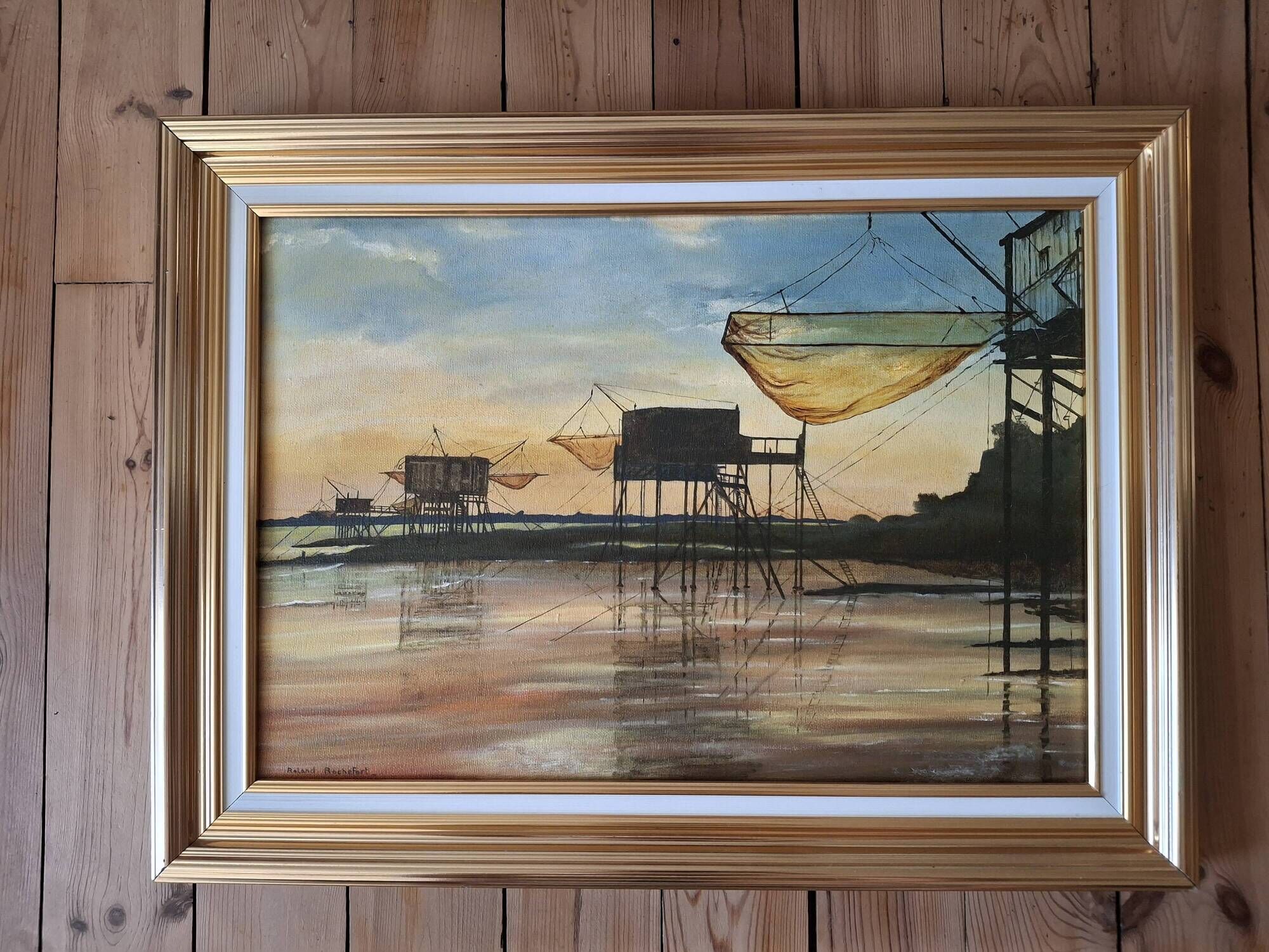 Oil on canvas Roland Rochefort signed framed Carrelets Meschers / Gironde