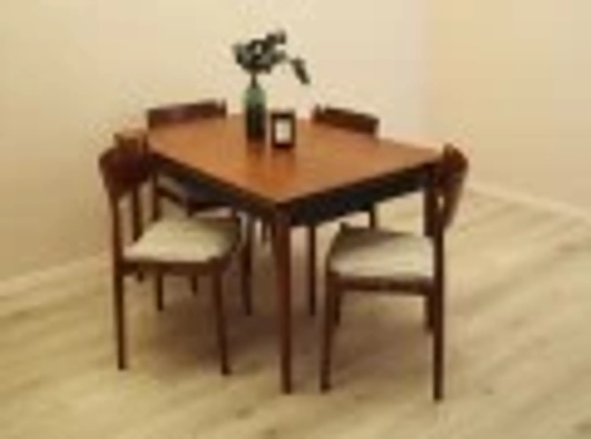 Danish extendable dining table, teak veneer, solid wood legs, leaf storage, 1970s
